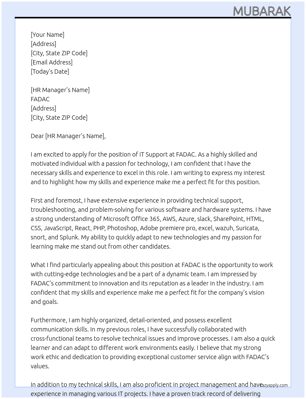 iT Sopport At FADAC Cover Letter
