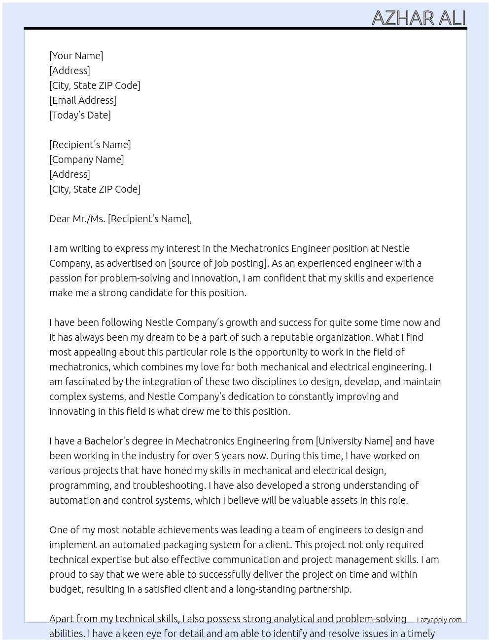 Mechatronics enigineer At Nestle Company Cover Letter