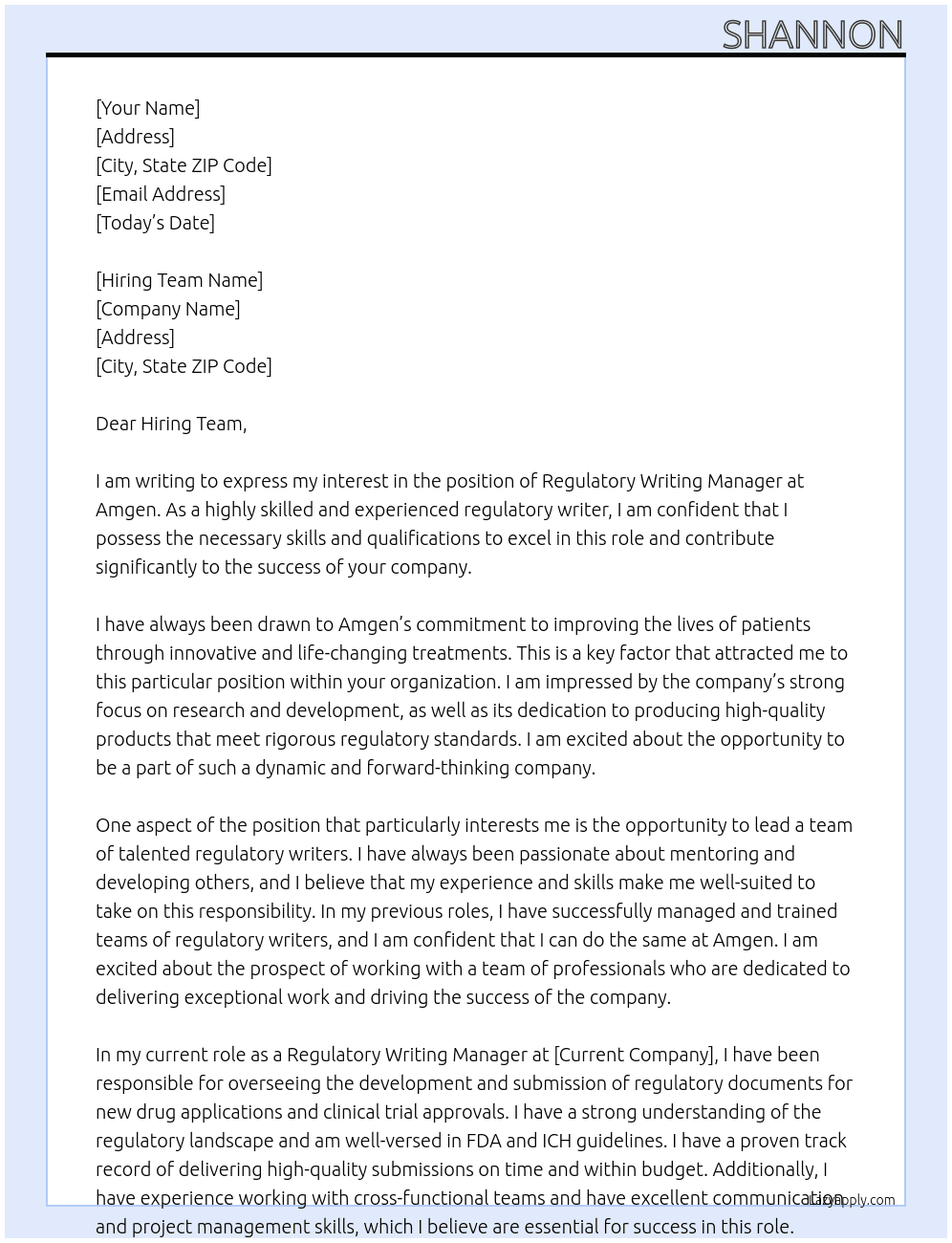 Regulatory Writing Manager At Amgen Cover Letter