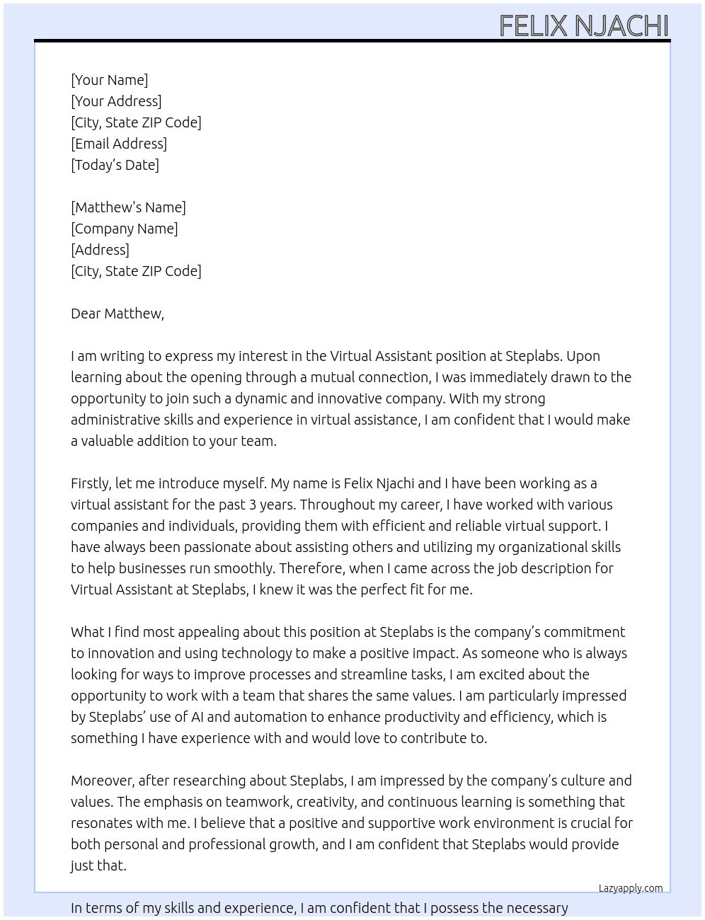 Virtual Assistant At Steplabs Cover Letter