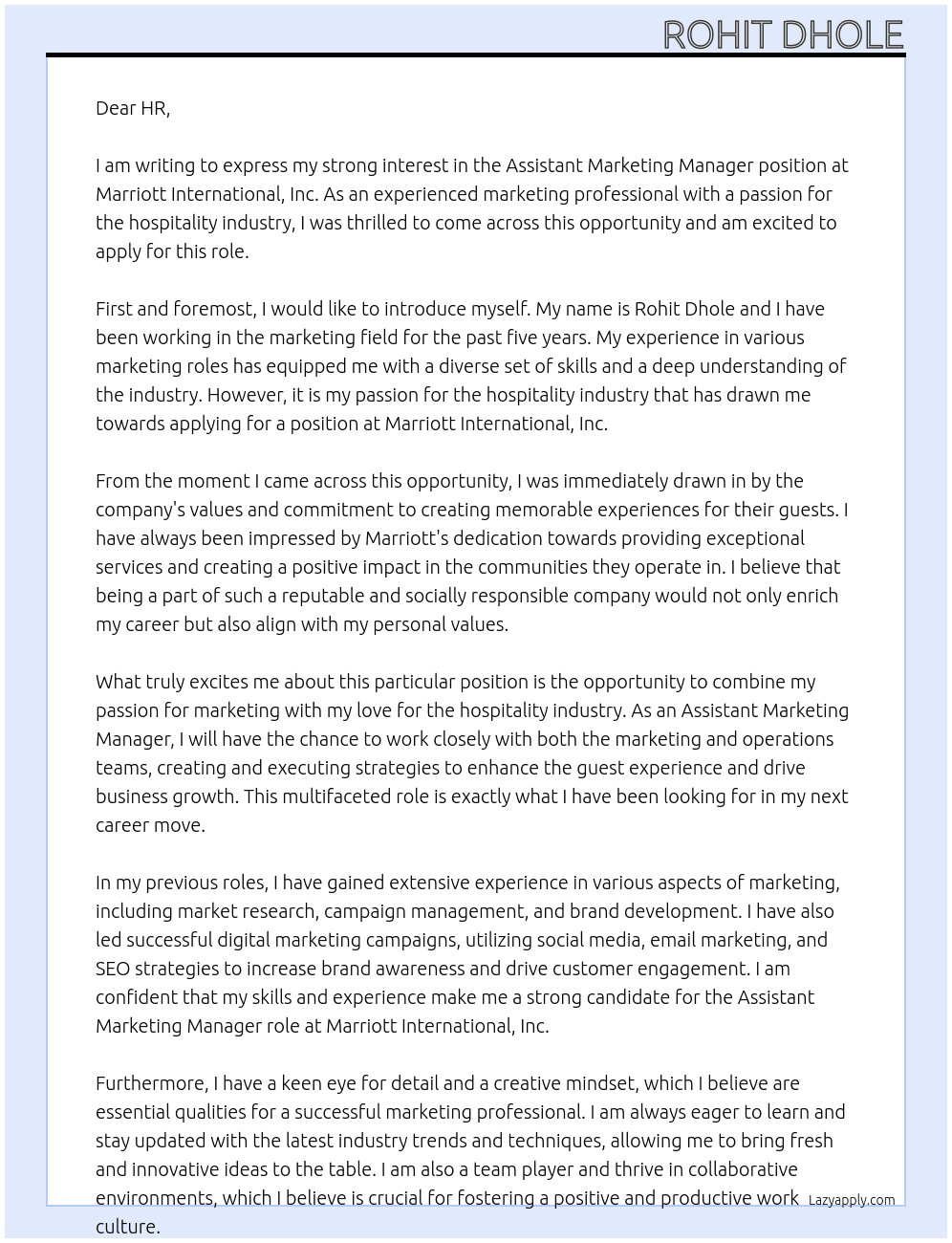 Assistant Marketing Manager At Marriott International, Inc Cover Letter