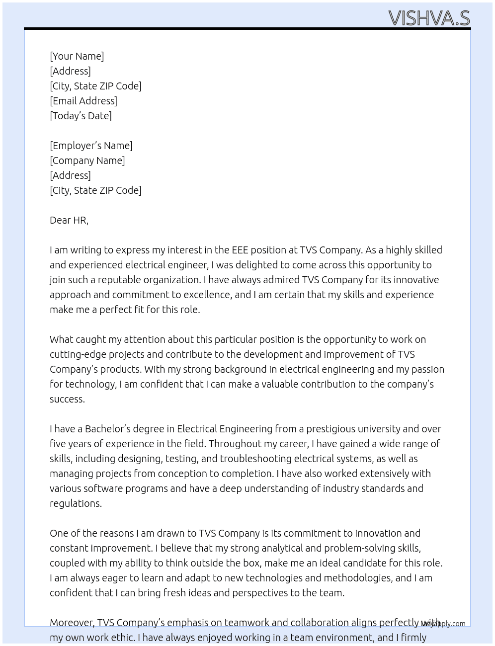 EEE At tvs,compony Cover Letter