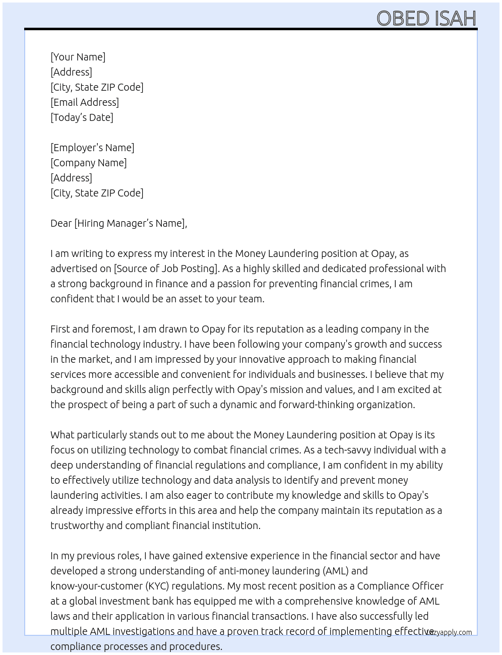 Money Laundering At Opay Cover Letter