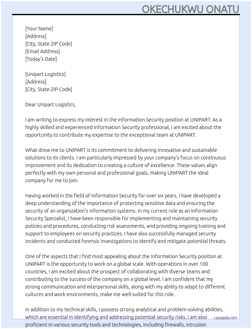 Information Security At UNIPART Cover Letter