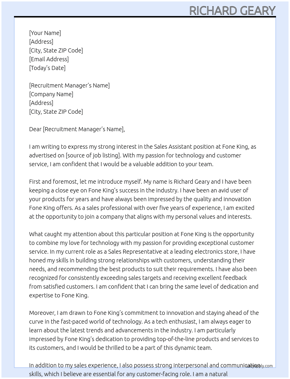 Sales Assistant At Fone King Cover Letter