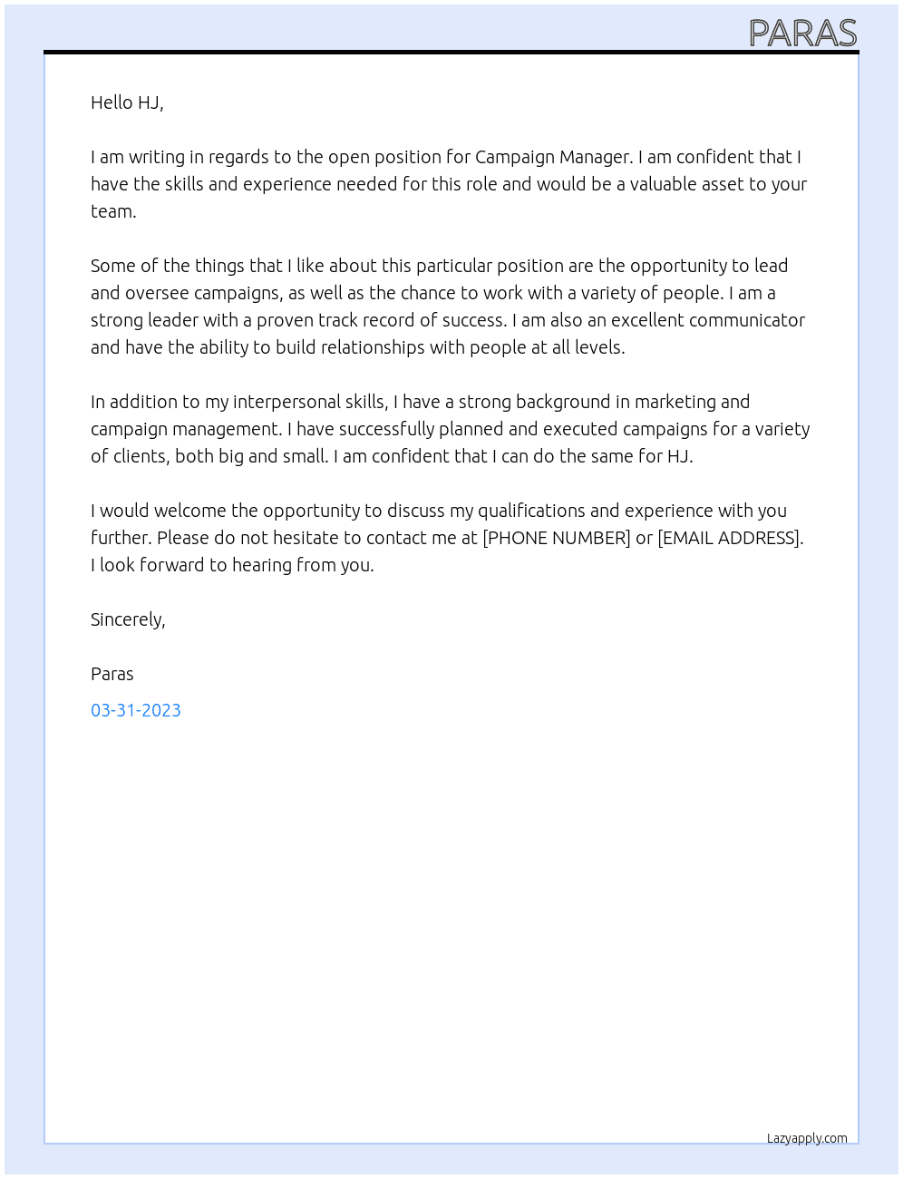 Campaign Manager At hj Cover Letter