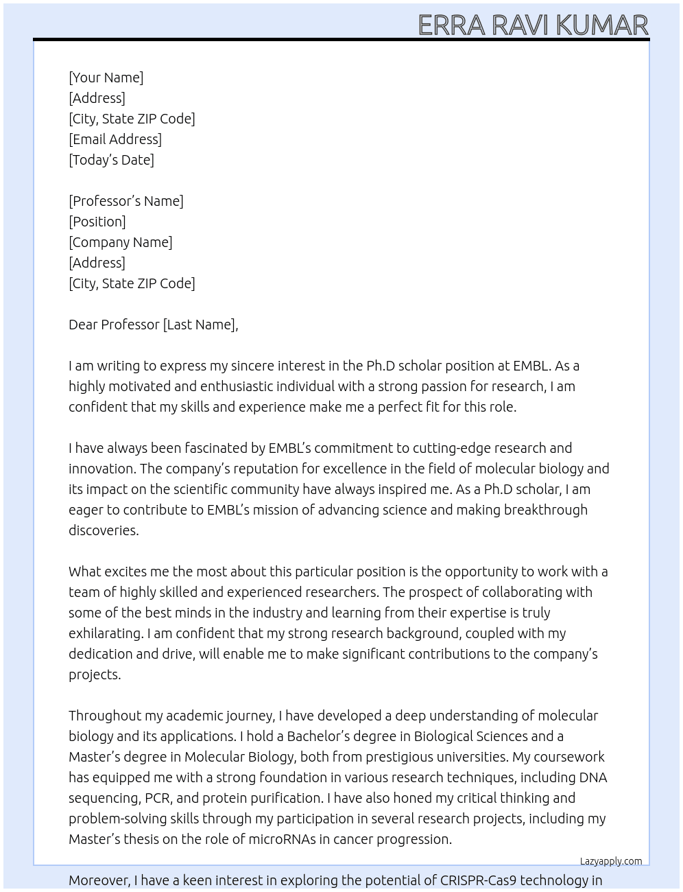 Ph.D scholar At EMBL Cover Letter