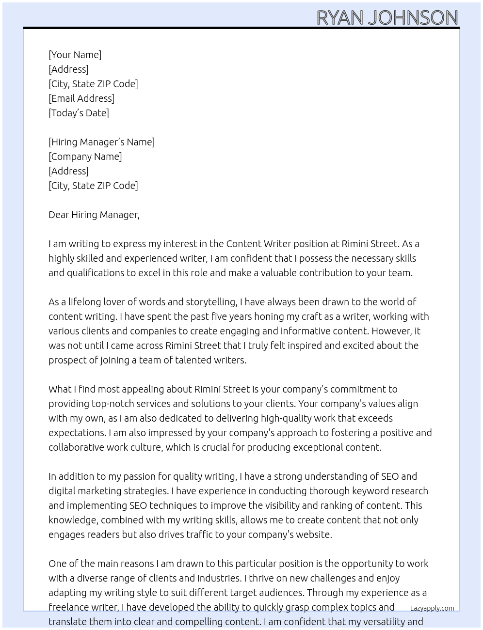 Content Writer At Rimini Street Cover Letter