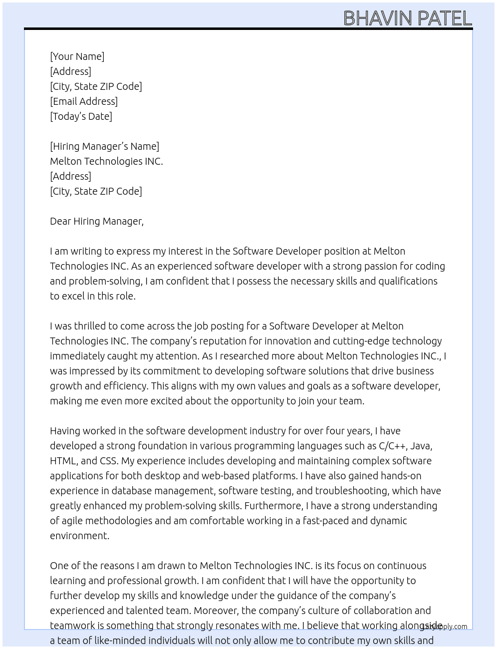 Software Developer At Melton Technologies INC. Cover Letter