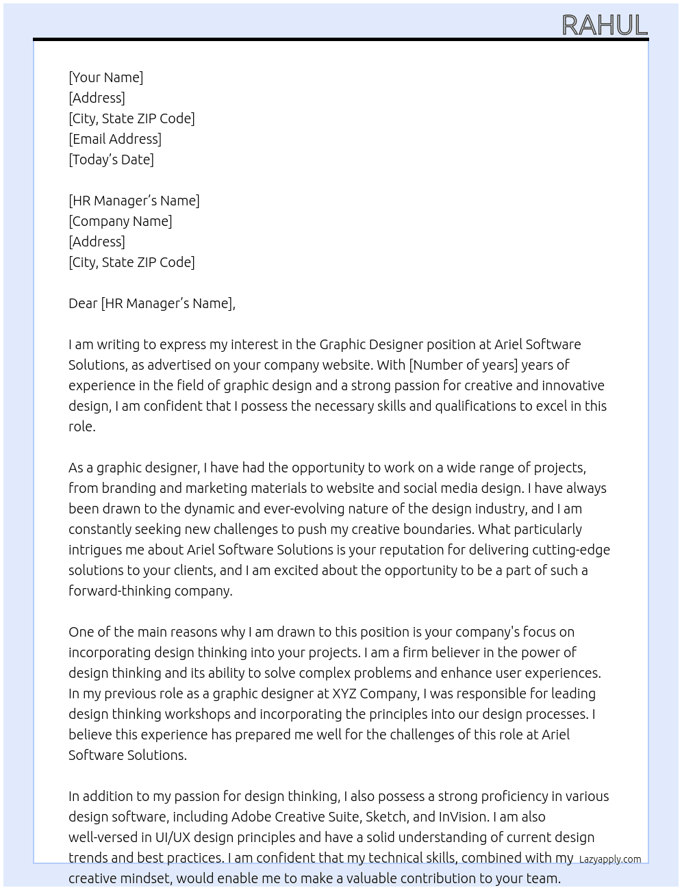 Graphic Designer At Ariel Software Solutions Cover Letter