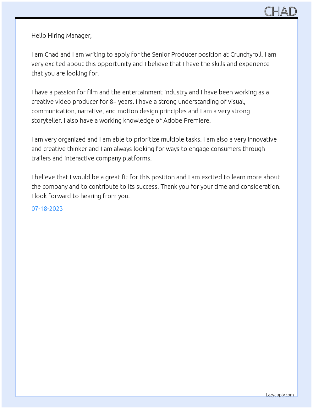 Senior Producer At Crunchyroll Cover Letter