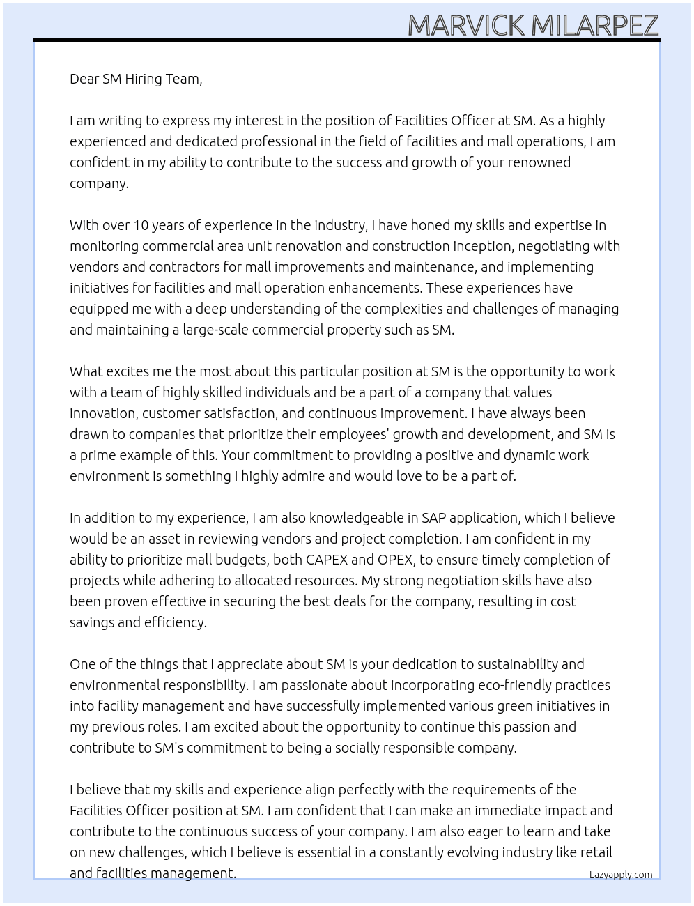 Facilities Officer At SM Cover Letter
