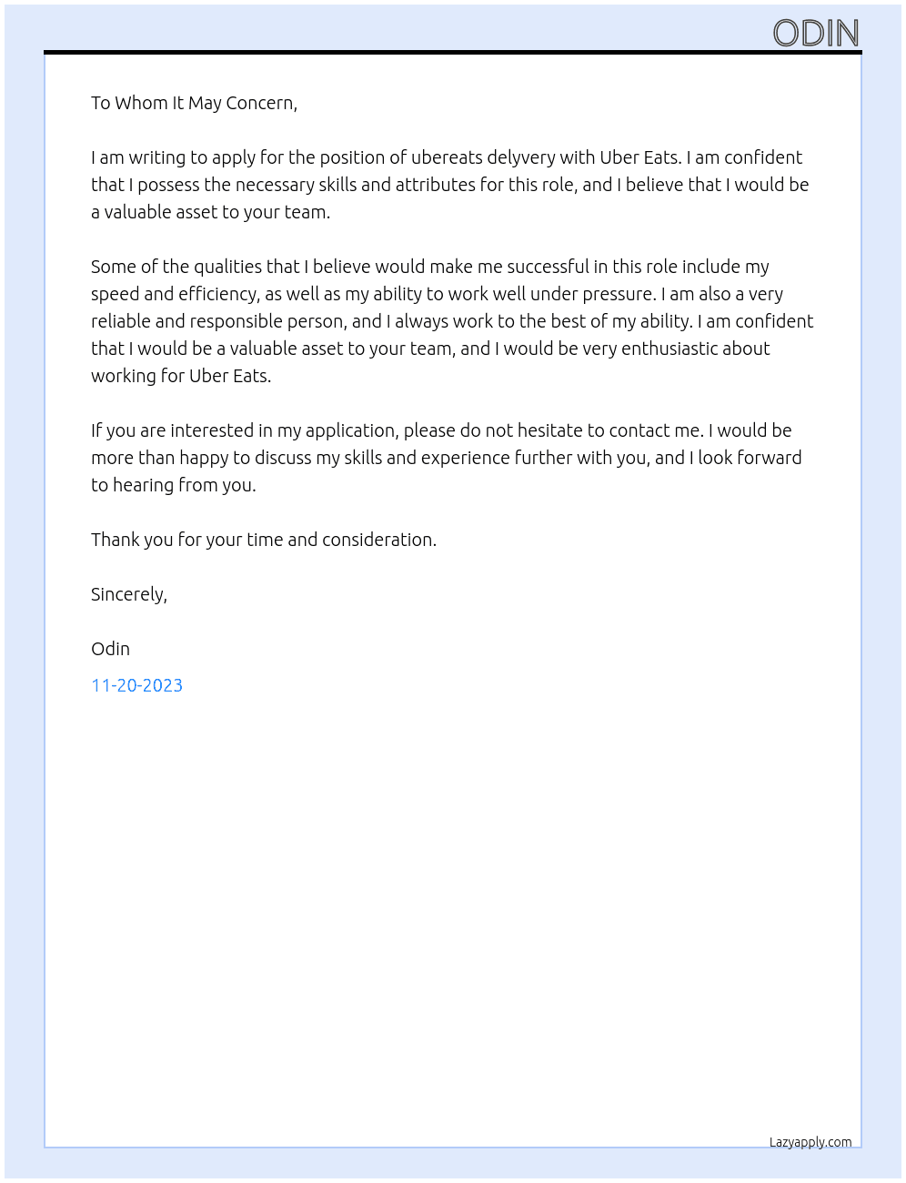 ubereats delyvery  At uber eats Cover Letter