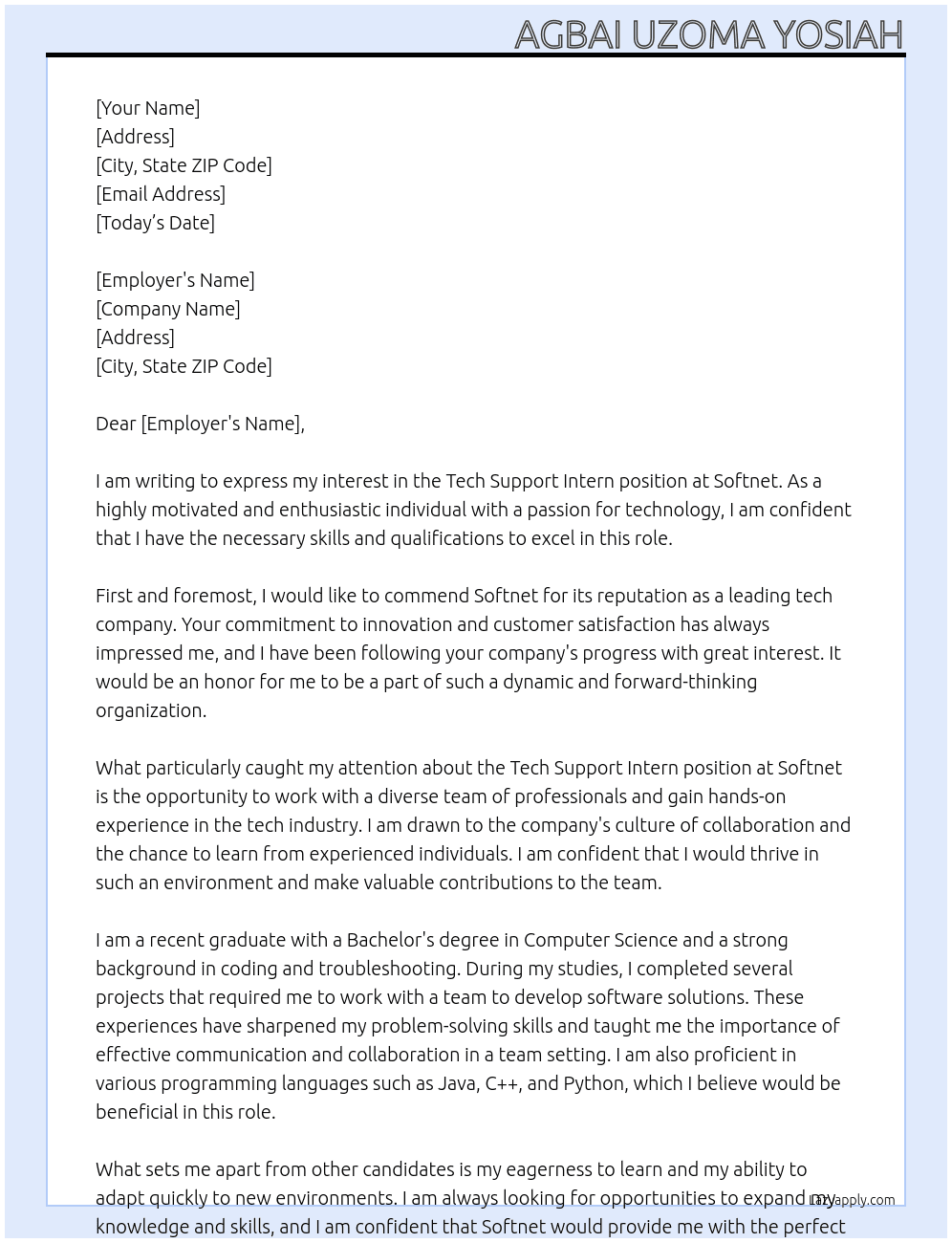 Tech Support Intern At Softnet Cover Letter