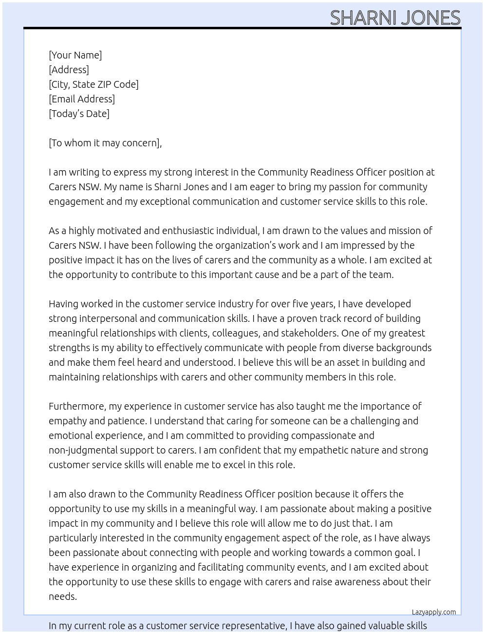 community readiness officer At Carers NSW Cover Letter