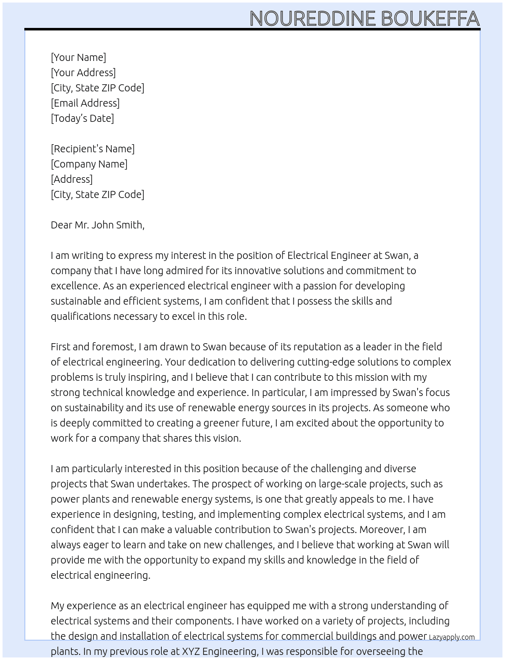 electrical engineer At swan Cover Letter