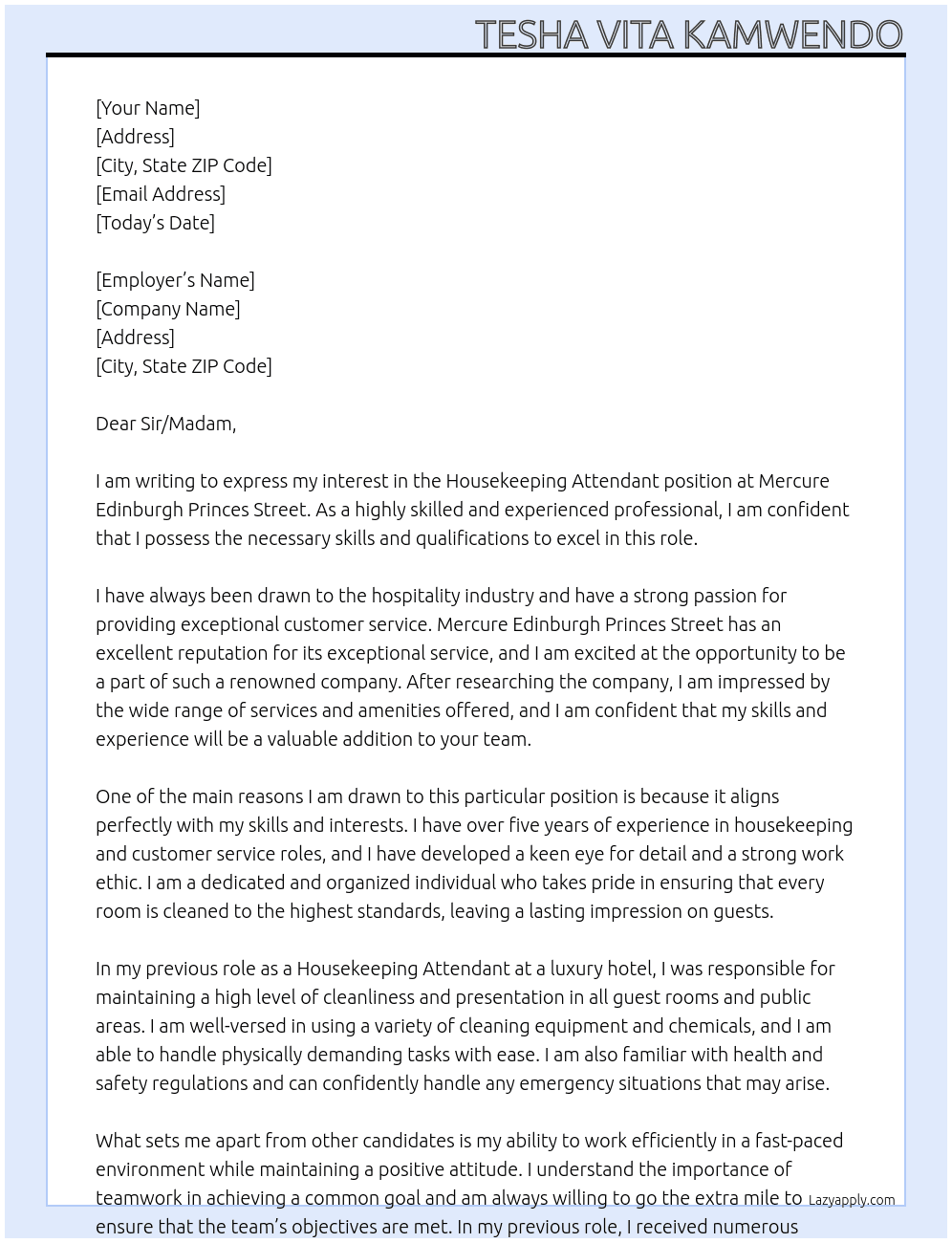 Housekeeping Attendant At Mercure Edinburgh Princes Street Cover Letter