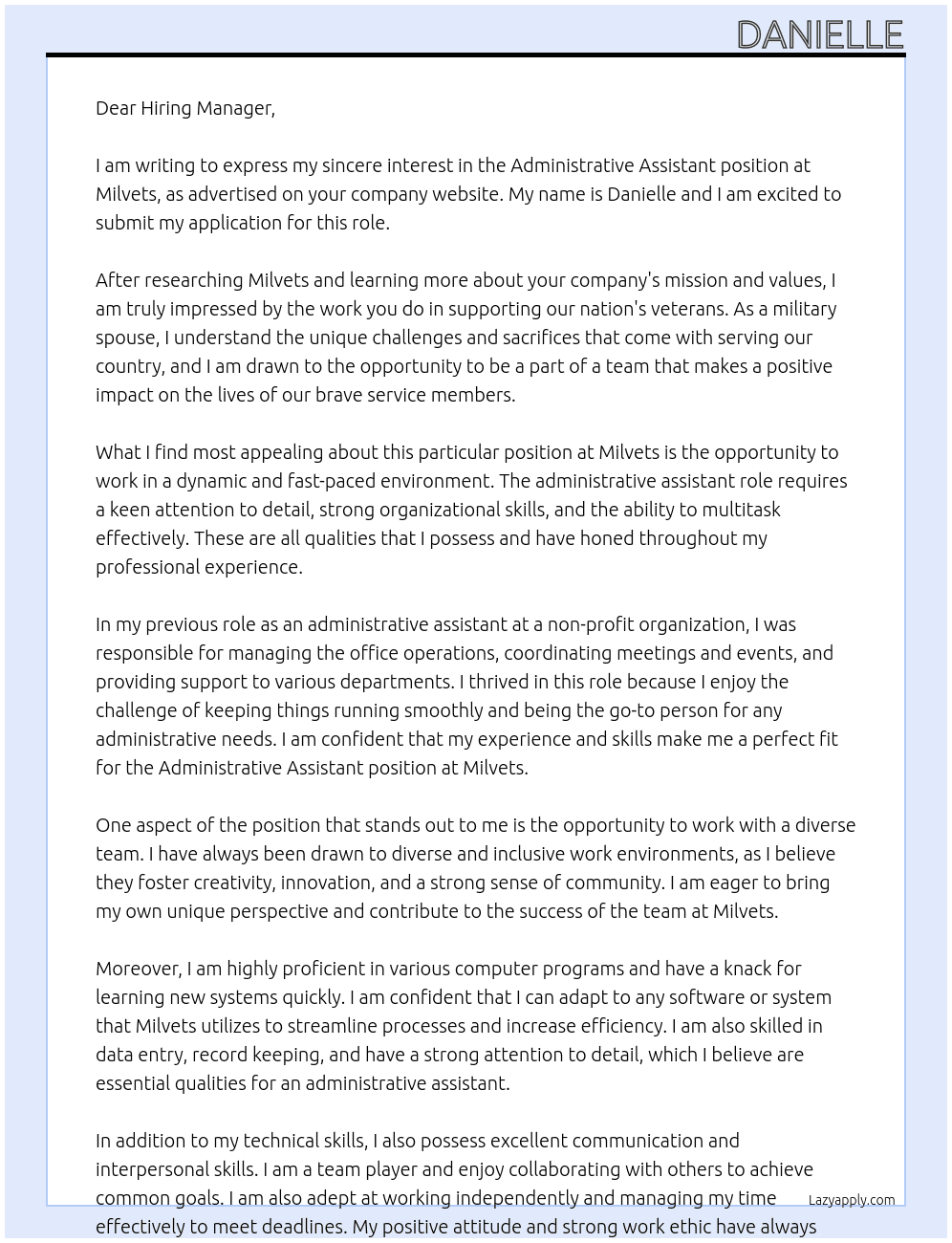 Administrative Assistant  At Milvets Cover Letter