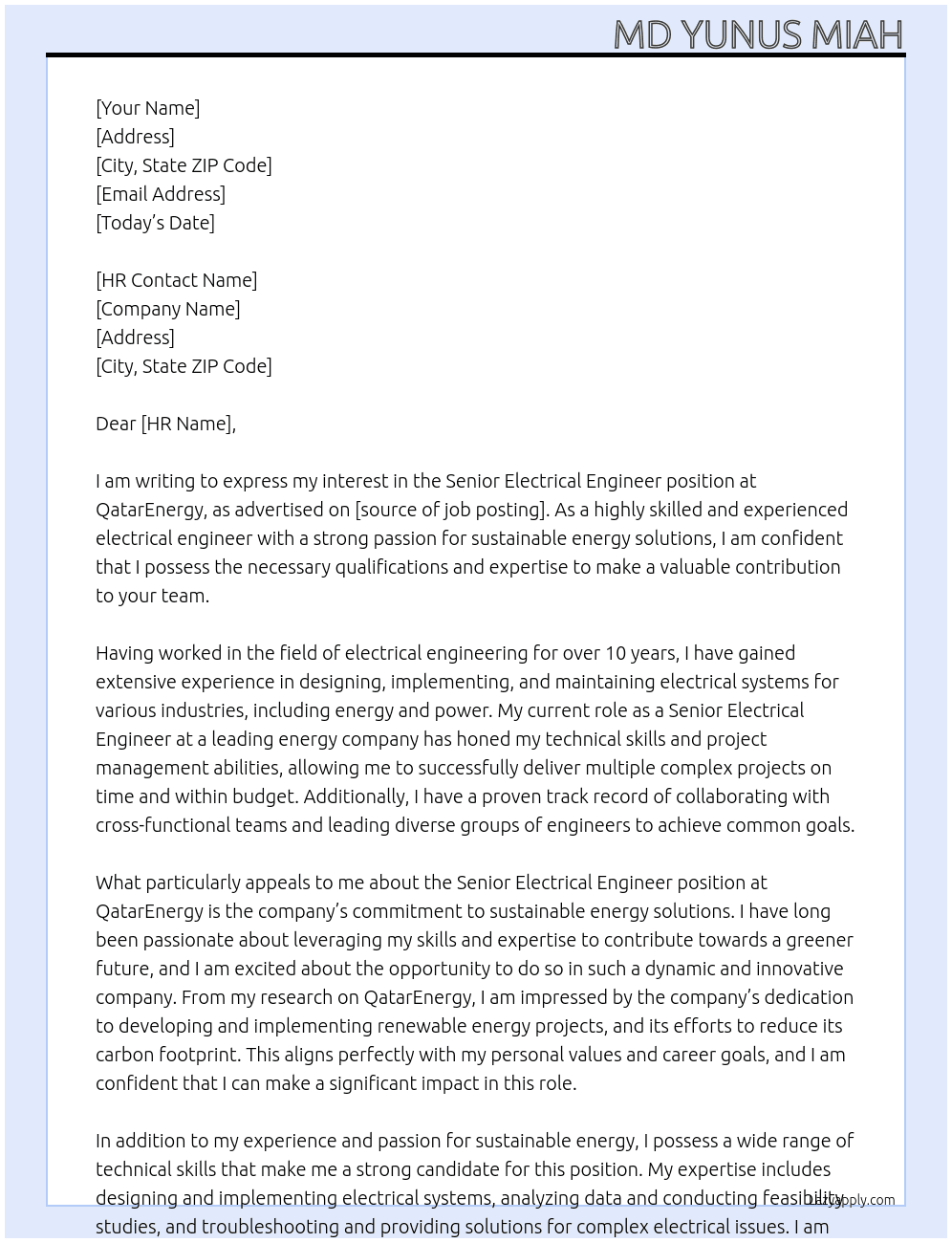 Senior Electrical Engineer At QatarEnergy Cover Letter