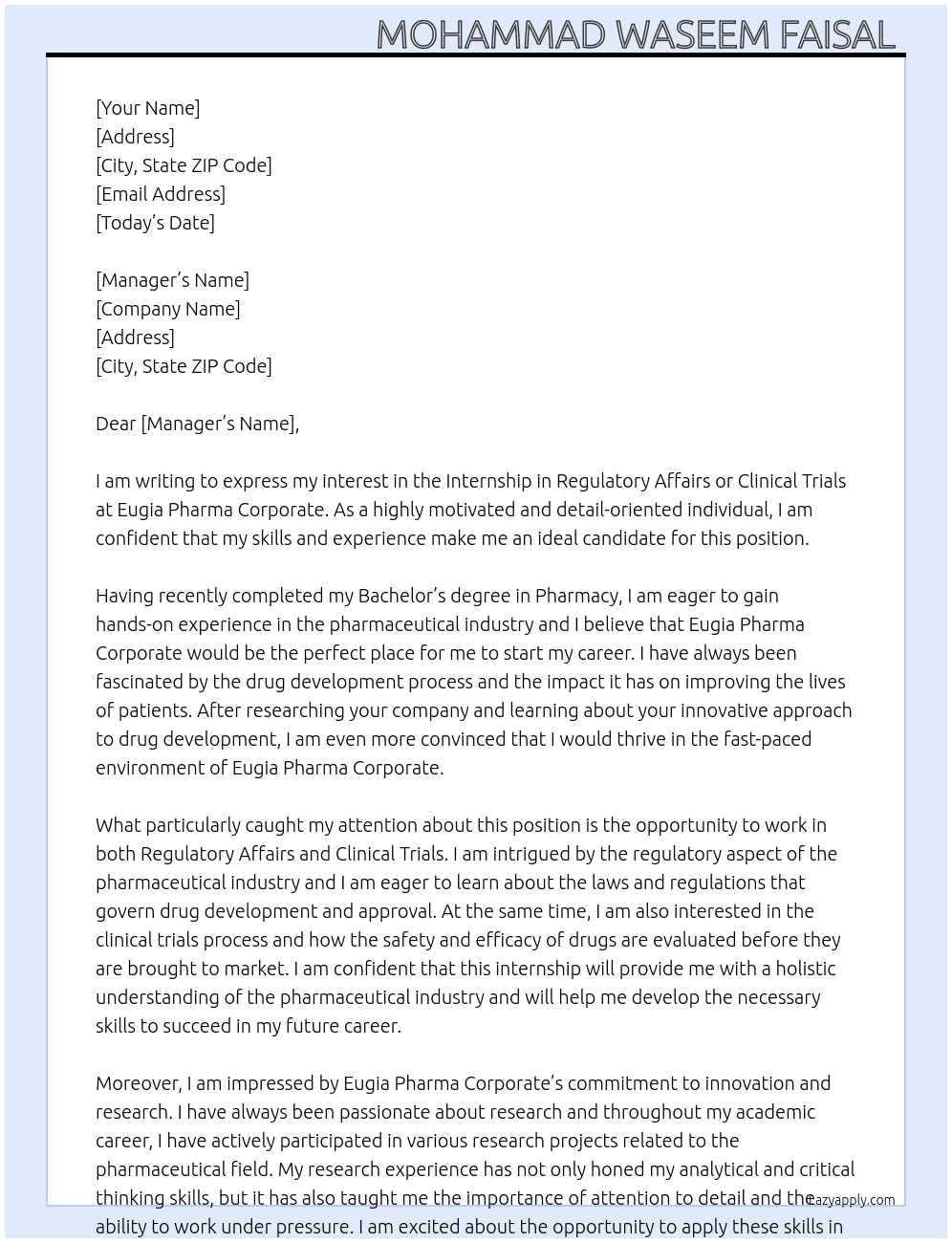 Internship in Regulatory Affairs or clinical trials  At Eugia pharma corporate  Cover Letter