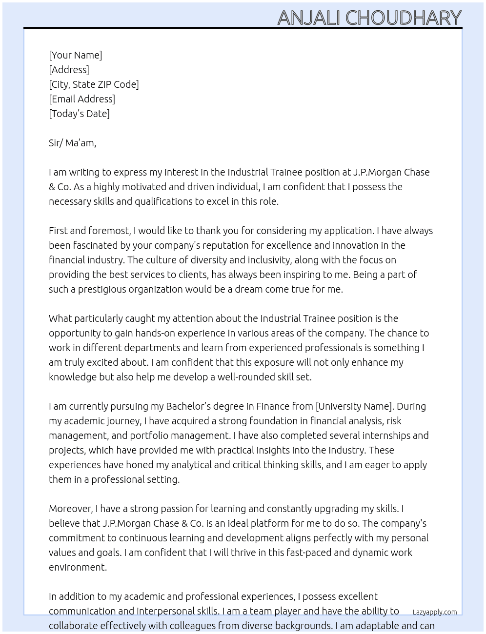 Industrial Trainee  At J.P.Morgan Chase & Co. Cover Letter