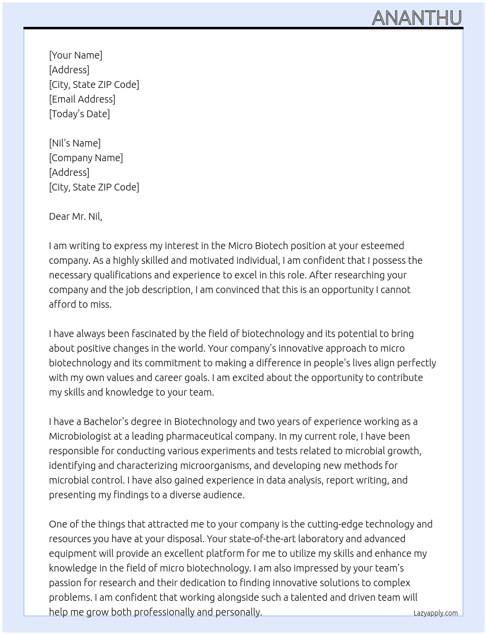Cover letter for micro biotech - LazyApply