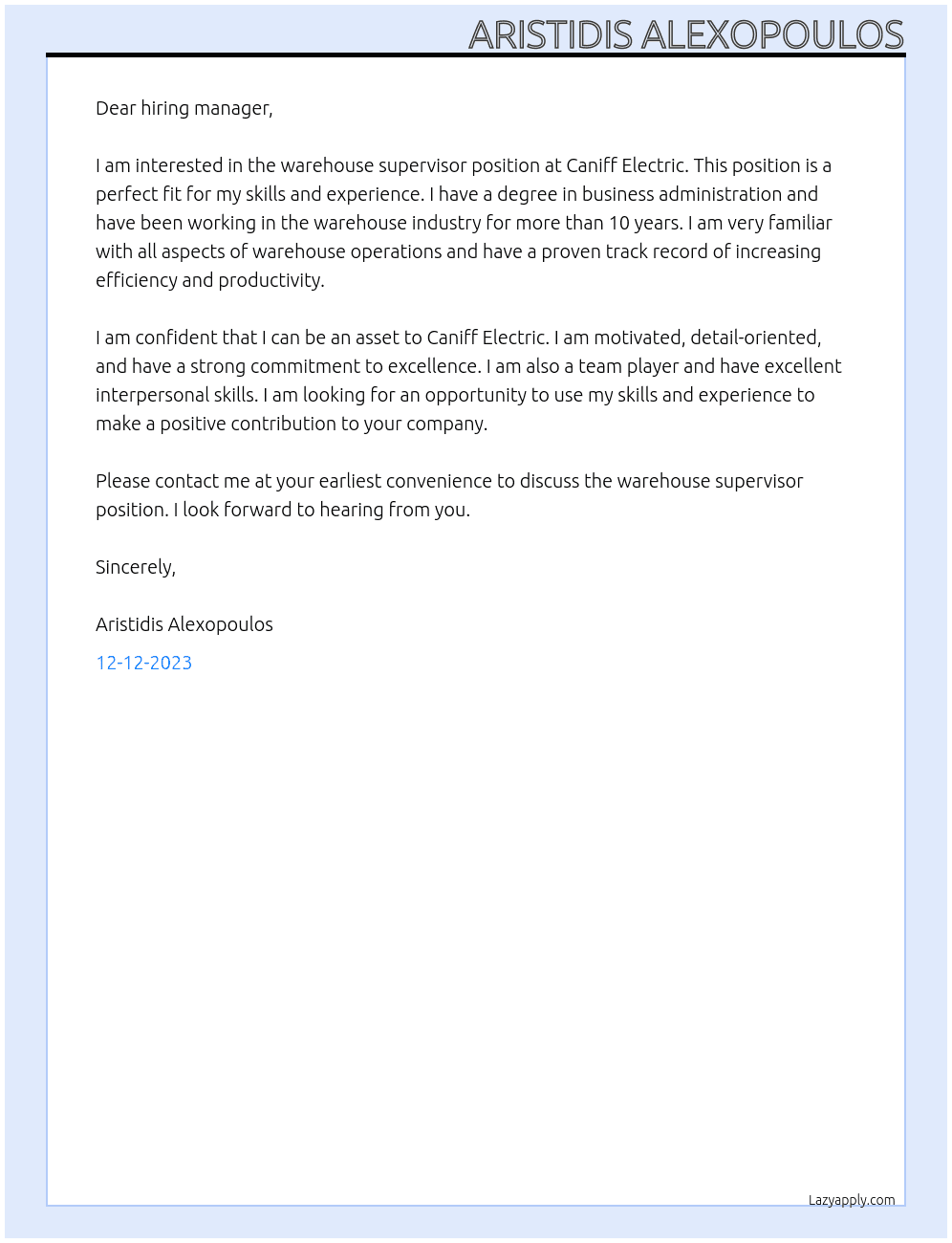 Warehouse Supervisor At Caniff Electric Cover Letter