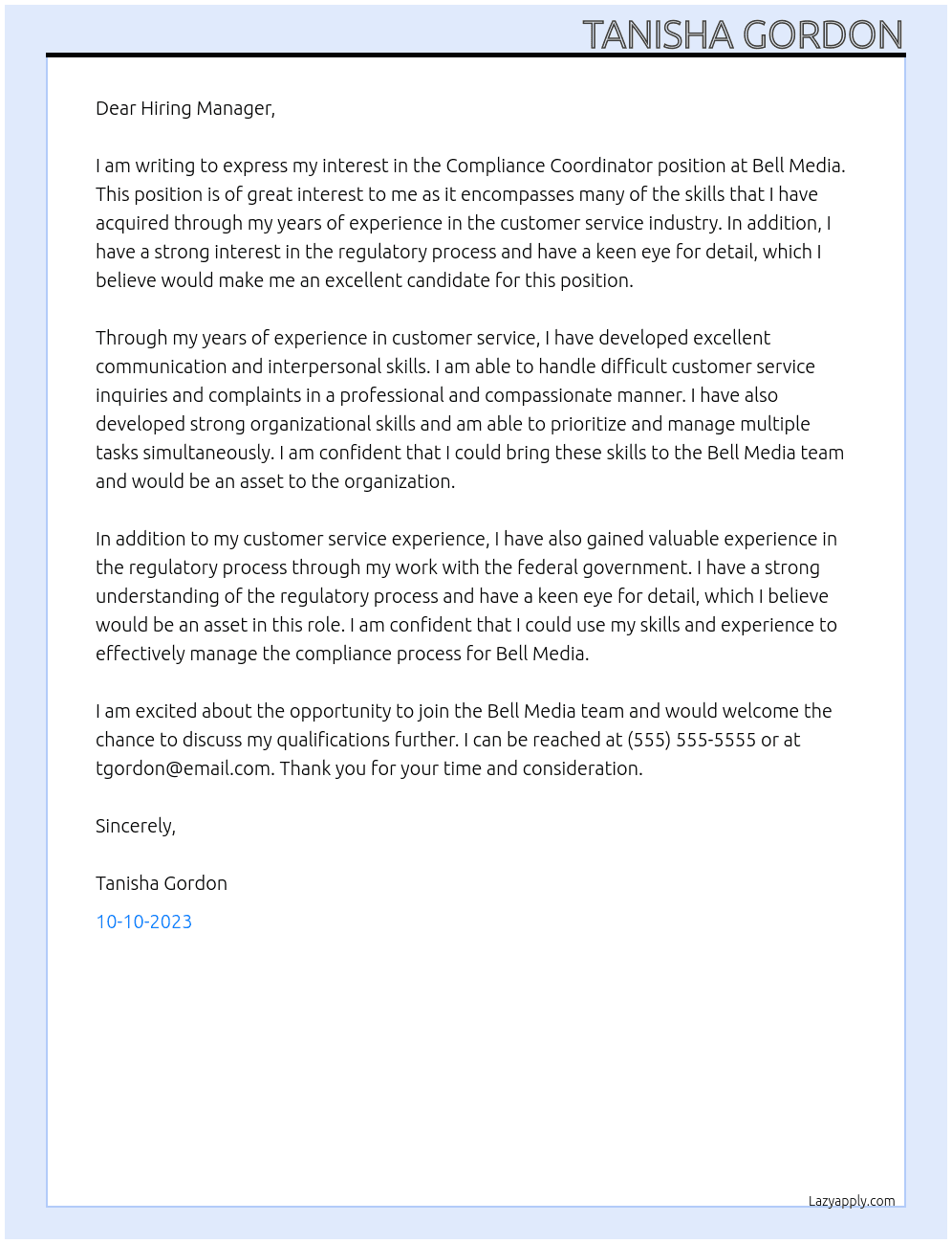 Compliance Coordinator At Bell Media Cover Letter