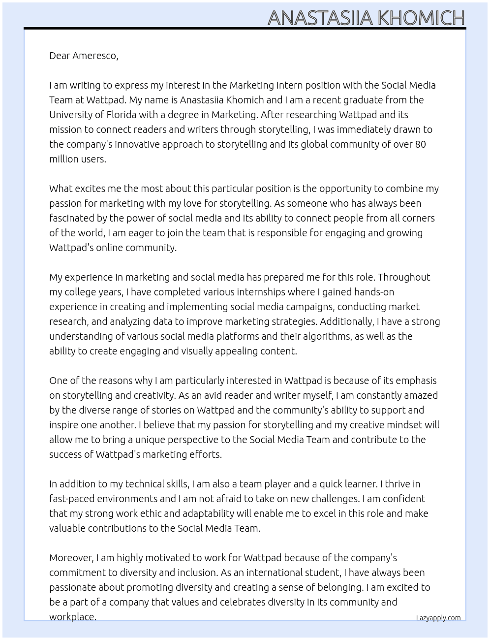 Marketing Intern (Social Media Team) At Wattpad Cover Letter