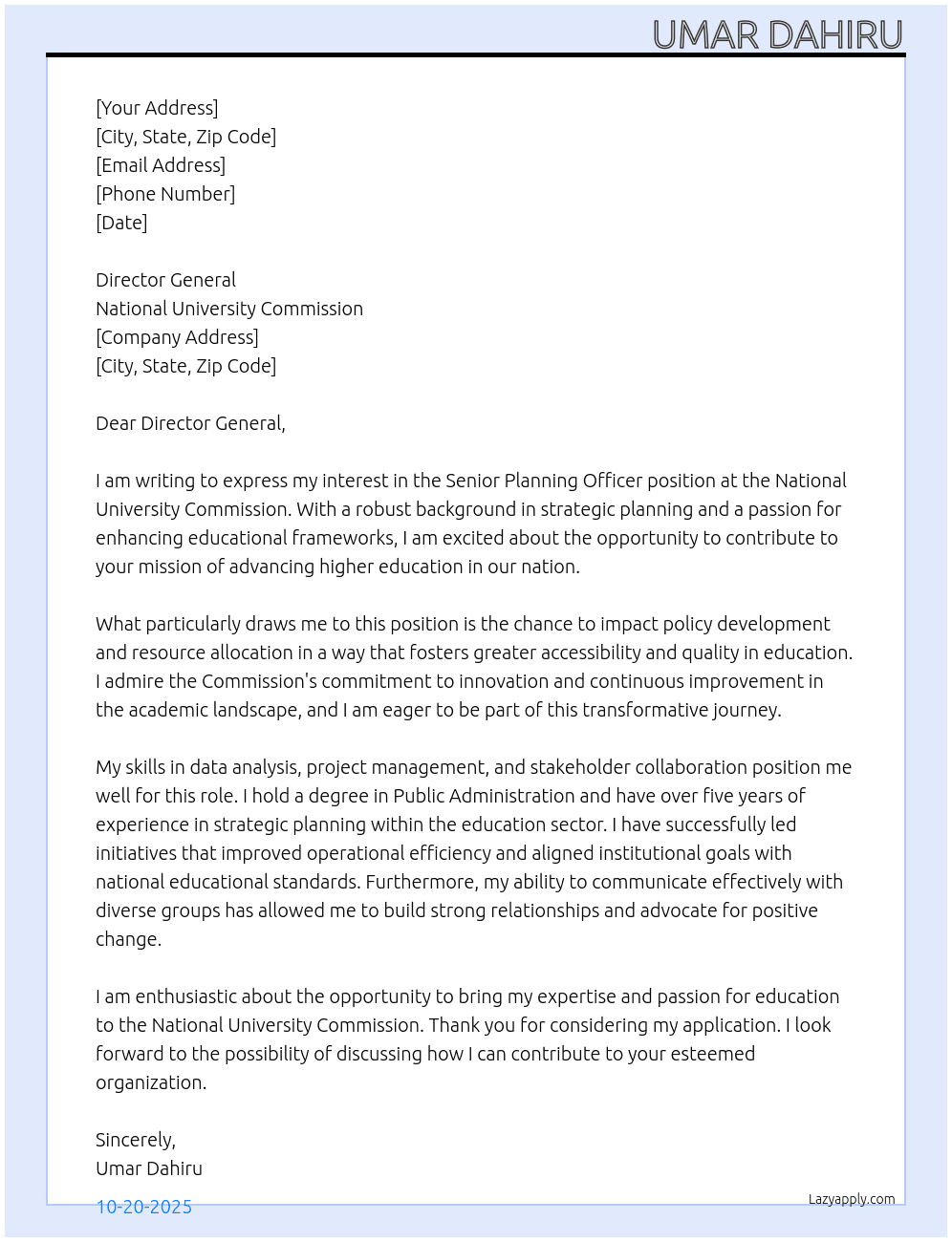 Senior Planning Officer At National University Commission Cover Letter