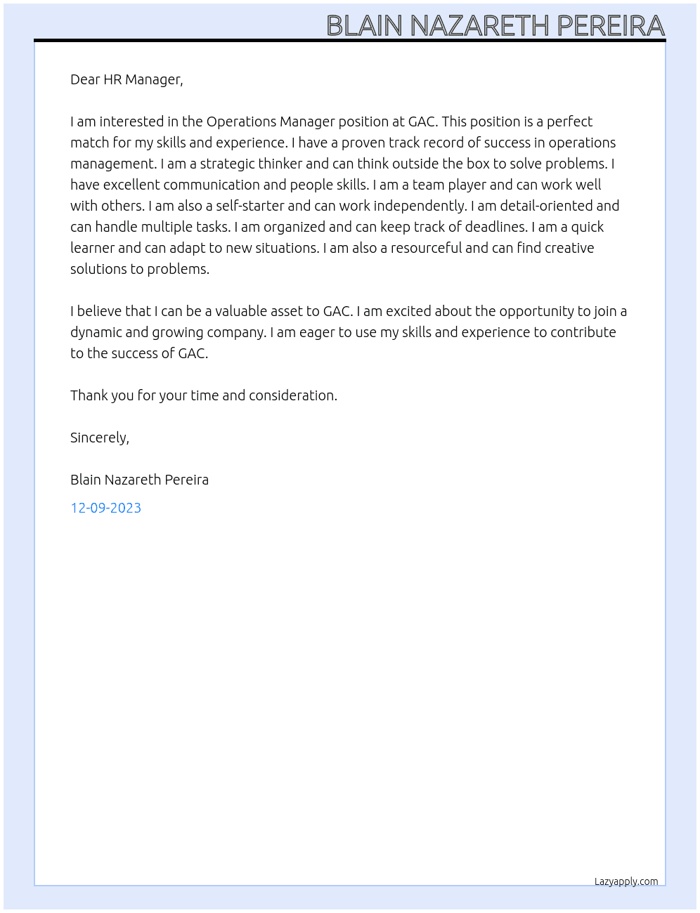 Operations Manager  At GAC Cover Letter