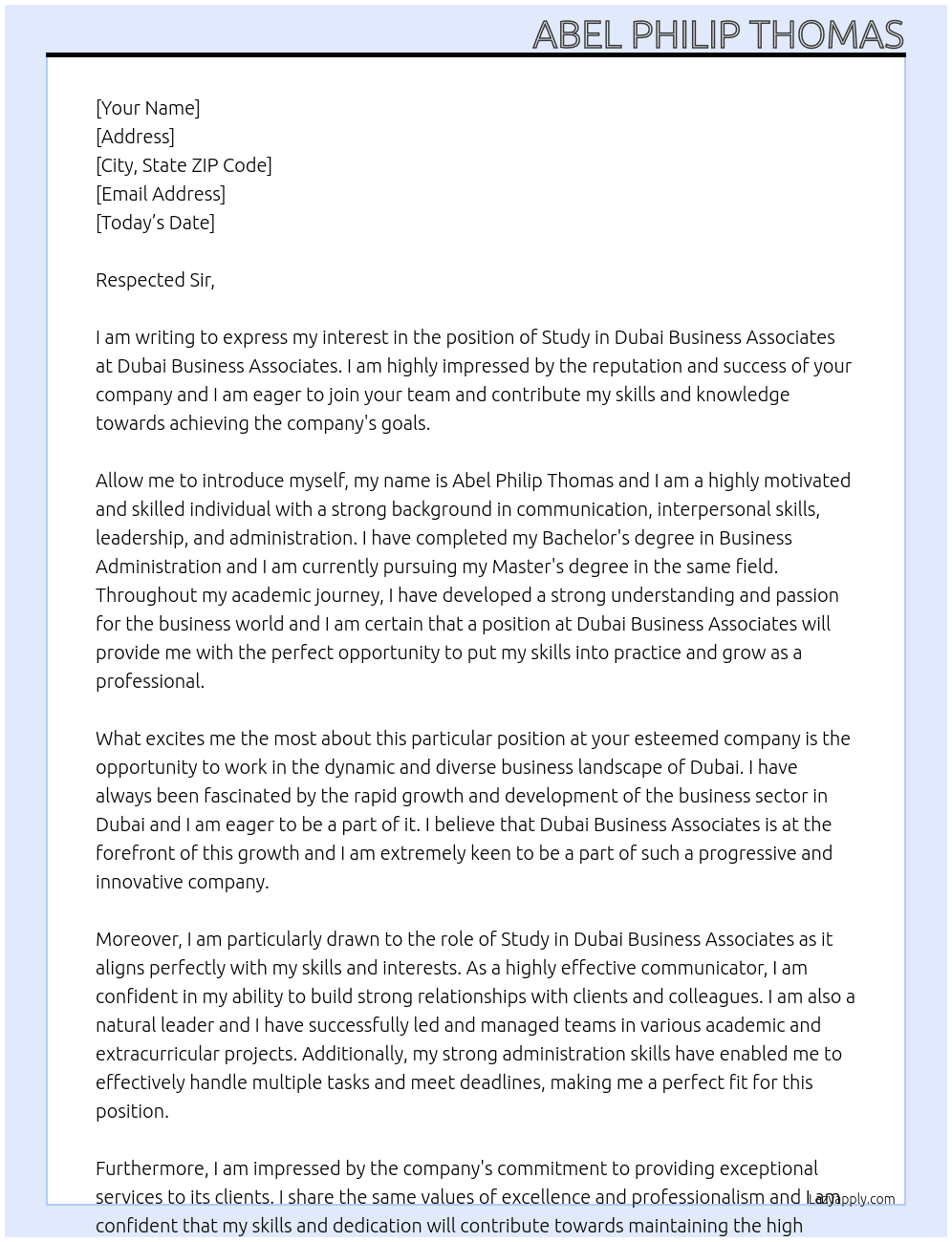 For a Study in Dubai Business Associates At Dubai Business Associated Cover Letter
