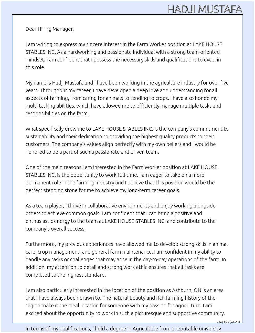 Farm worker At LAKE HOUSE STABLES INC. Cover Letter