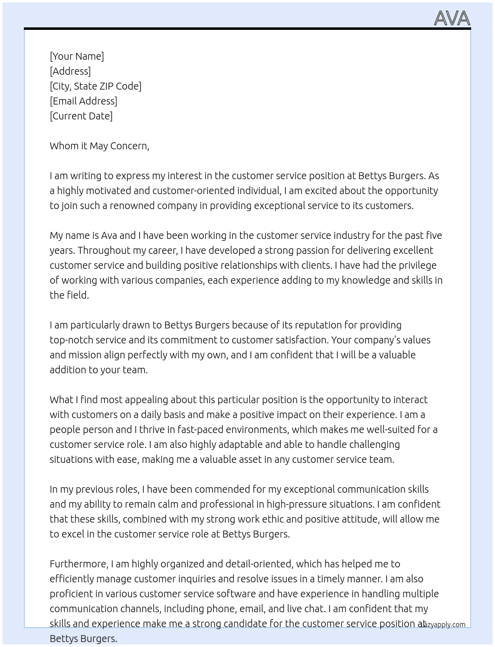 Customer service At Bettys Burgers Cover Letter