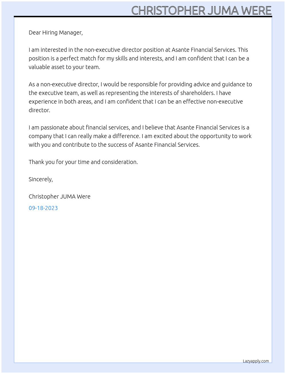 non executive director At Asante Financial services Cover Letter