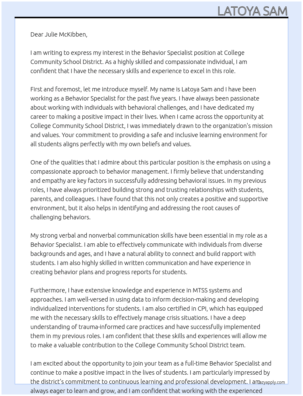 Behavior Specialist At College Community School District Cover Letter