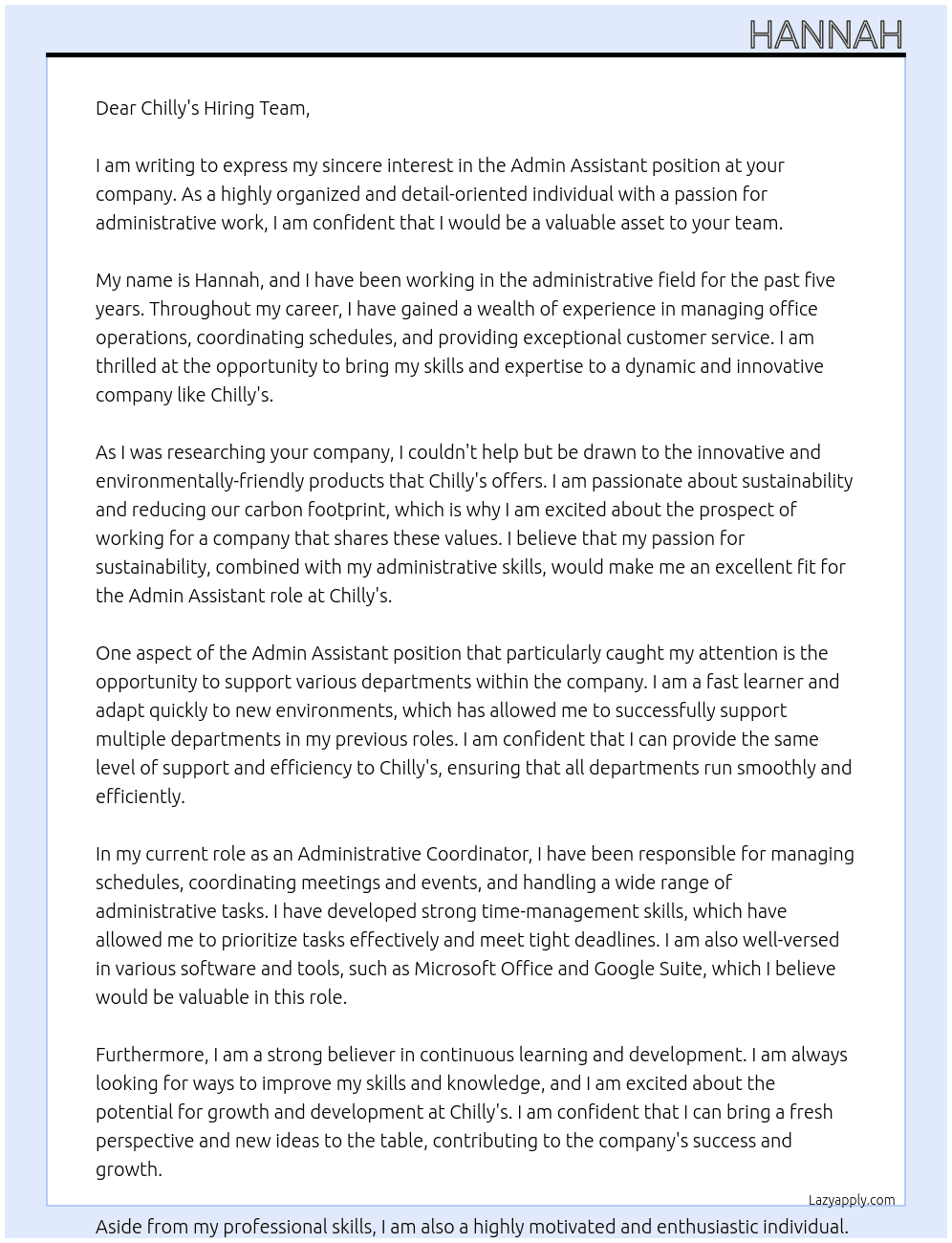 Admin Assistant At Chilly's Cover Letter