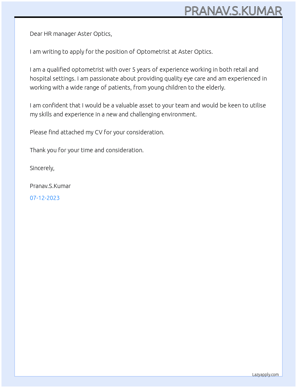 Optometrist  At Aster Optics Cover Letter