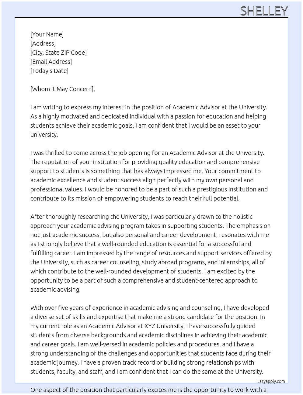 Academic Advisor At University Cover Letter