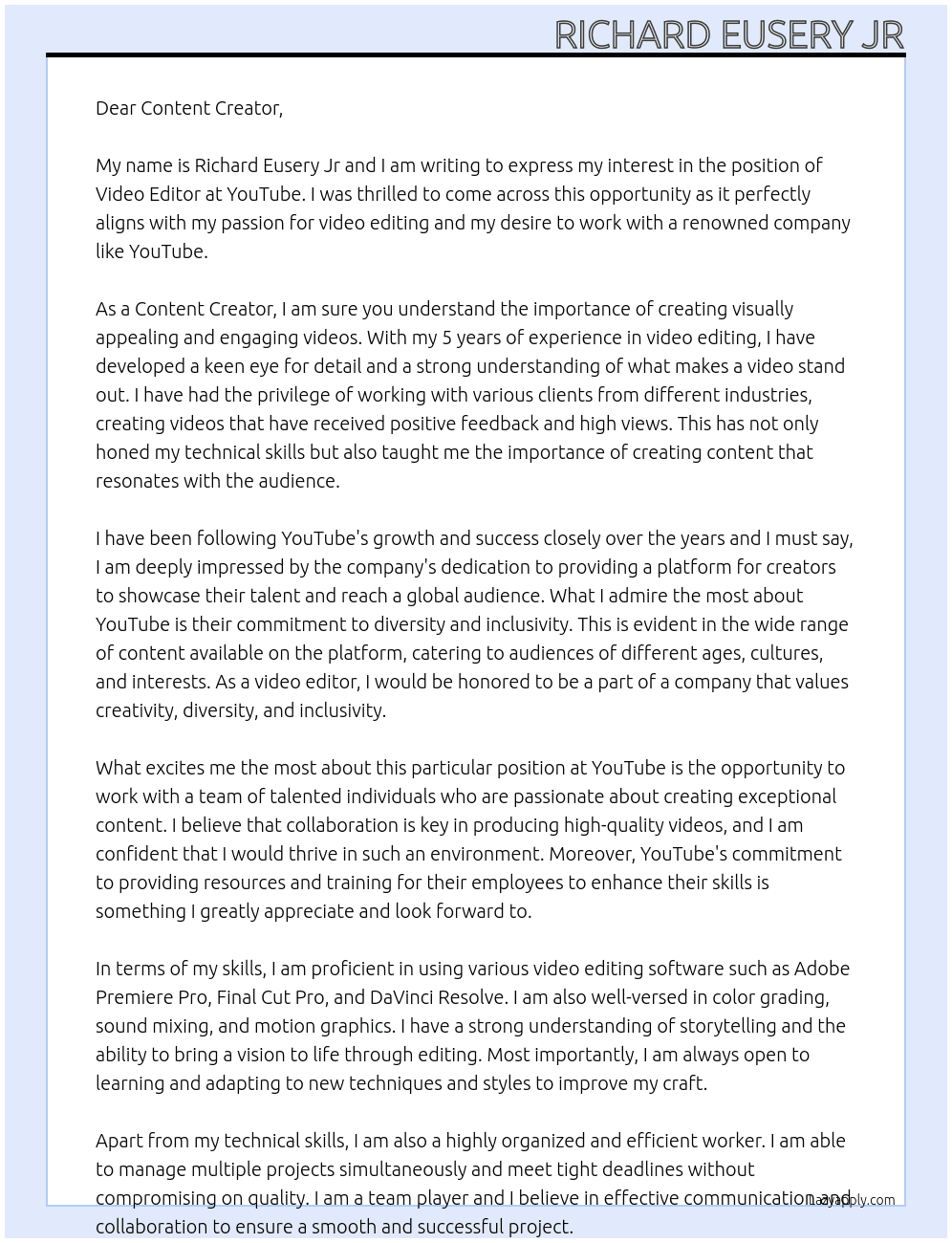 Video Editor At youtube Cover Letter