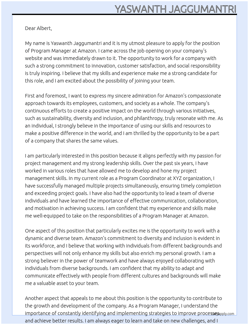 Program Manager At Amazon Cover Letter