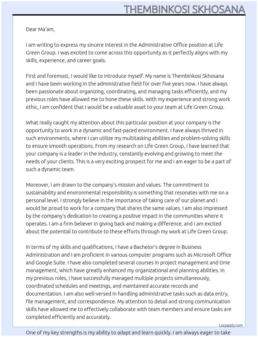 Administrative Office At Life Green Group Cover Letter