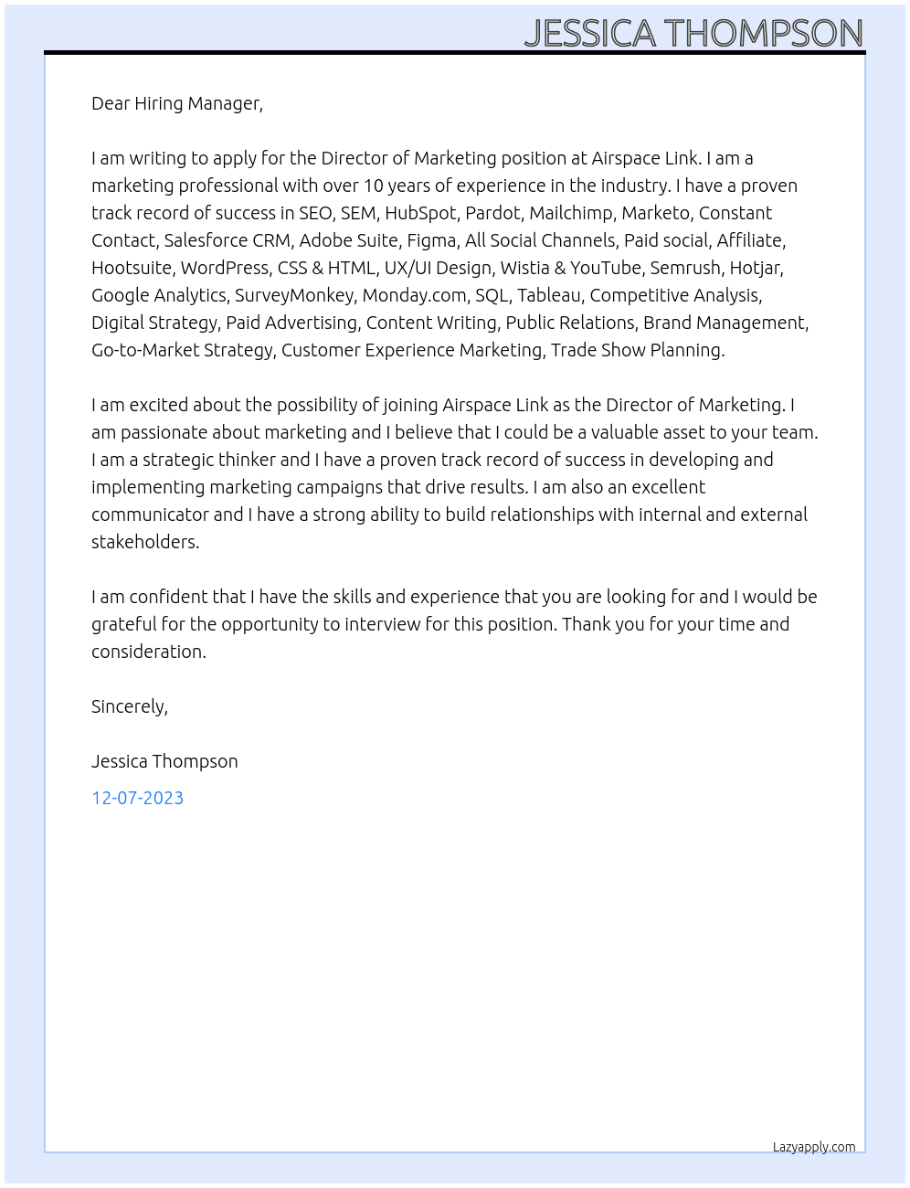 Director of Marketing At Airspace Link  Cover Letter