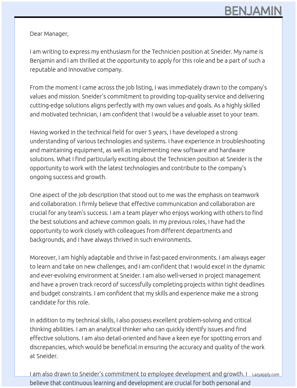 technicien  At Sneider Cover Letter