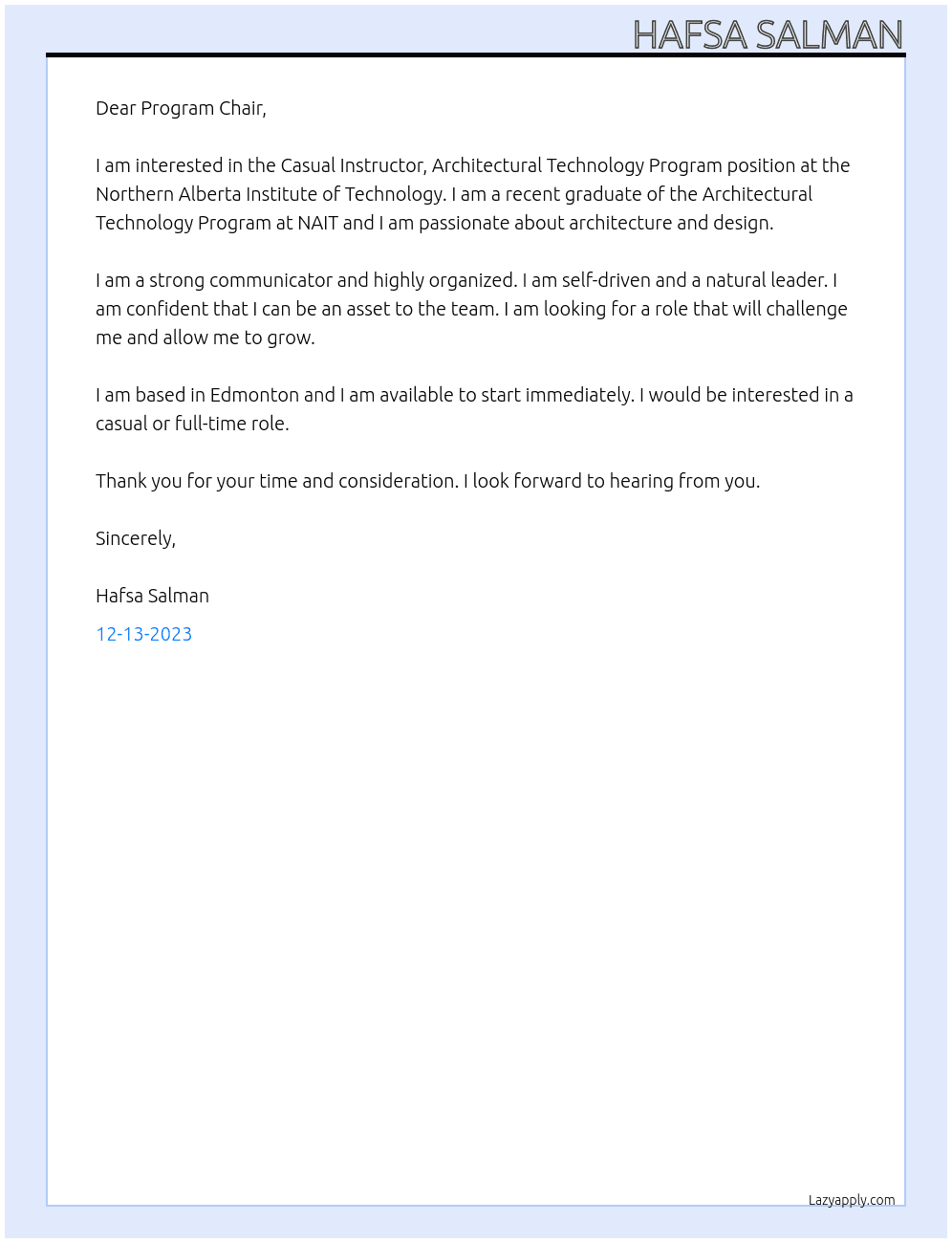Casual Instructor, Architectural Technology Program At Northern Alberta Institute of Technology Cover Letter
