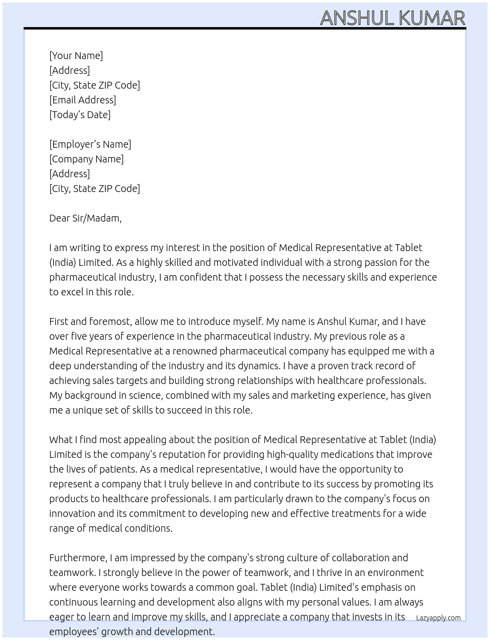 Medical representative  At Tablet (India) Limited Cover Letter
