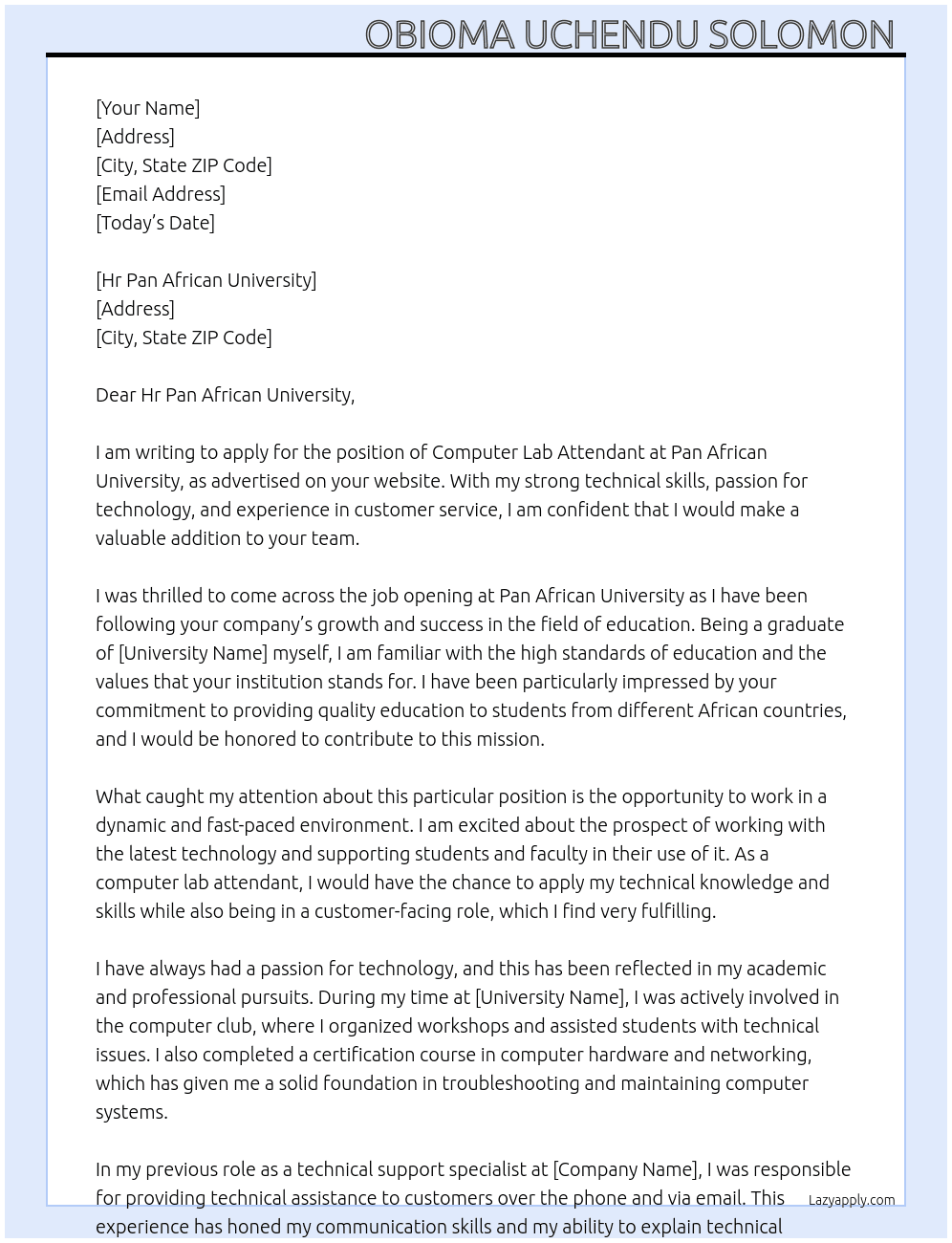 Computer lab attendant  At Pan African University  Cover Letter
