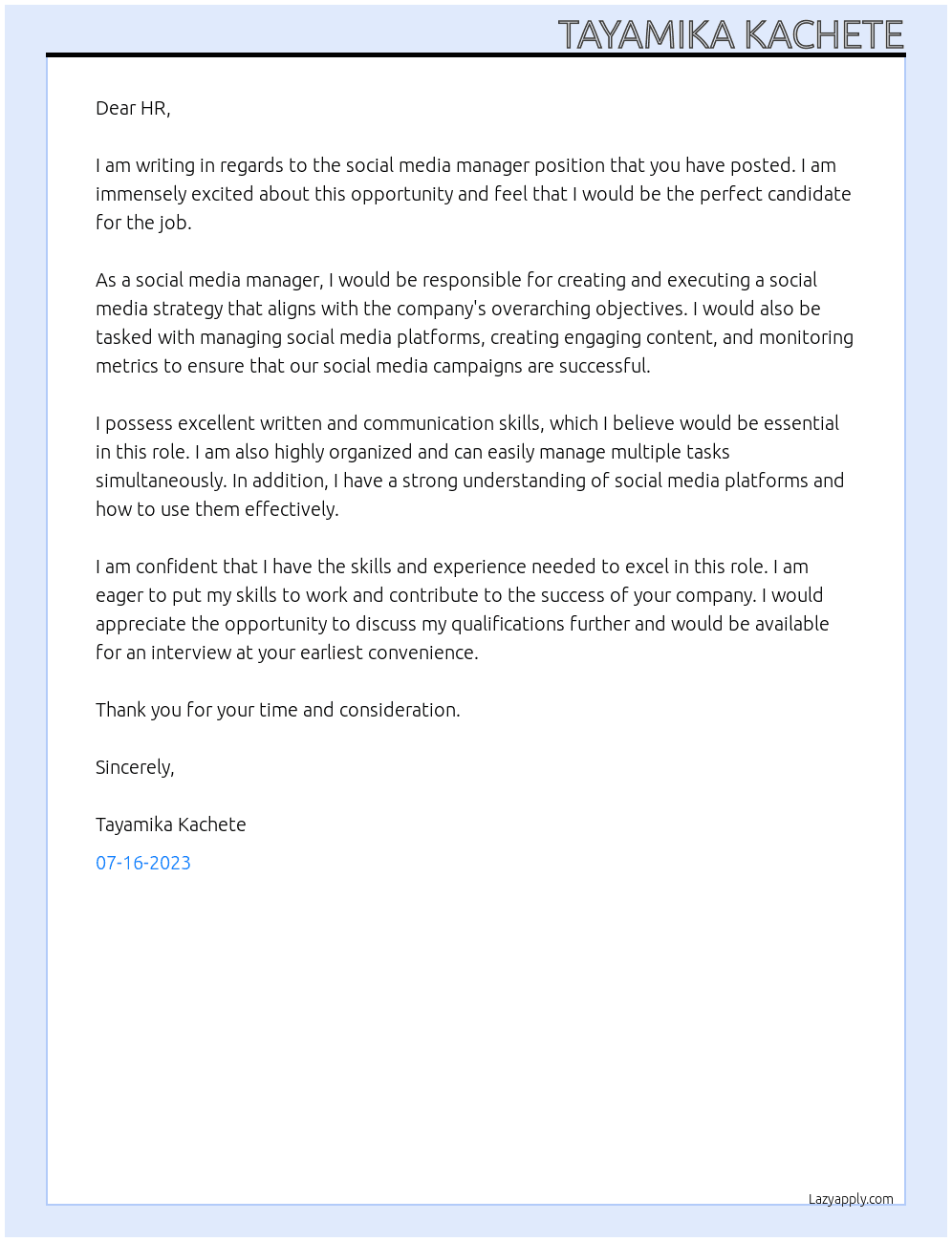 Social media manager At Freelance  Cover Letter