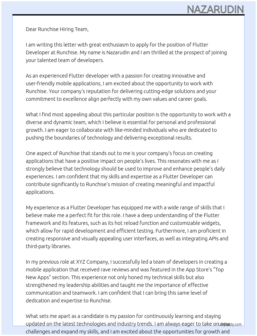 Flutter Developer At Runchise Cover Letter
