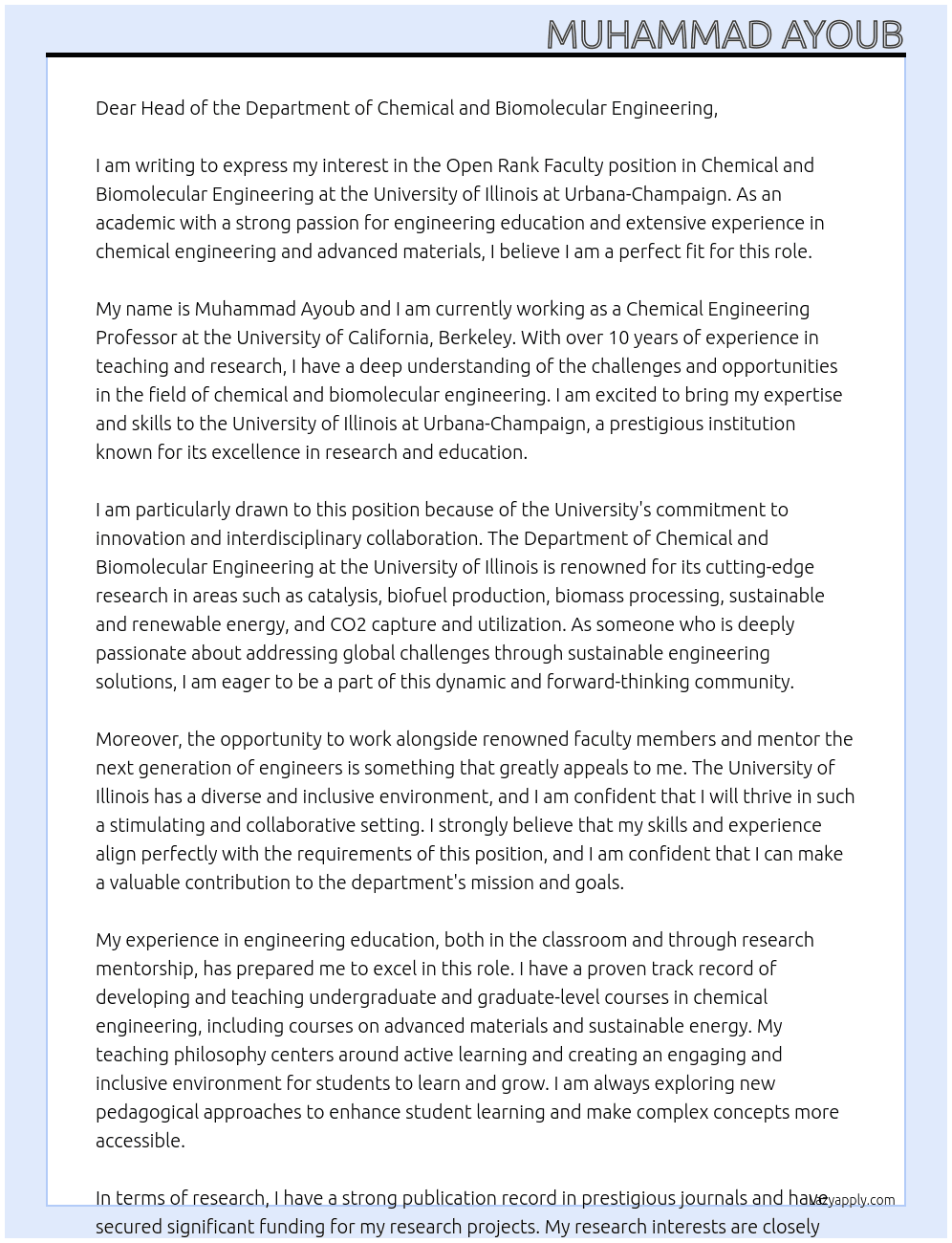 Open Rank Faculty position- Chemical & Biomolecular Engineering as Assistant Professor At University of Illinois at Urbana-Champaign Cover Letter